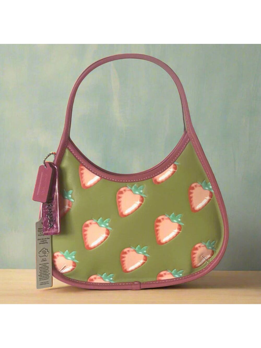 Coach Coachtopia Ergo Bag CL757 Strawberry Print Sabrina Lau Green Leather